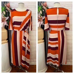 E1-- NWT multicolor LUXOLOGY short sleeve striped casual midi dress MEDIUM